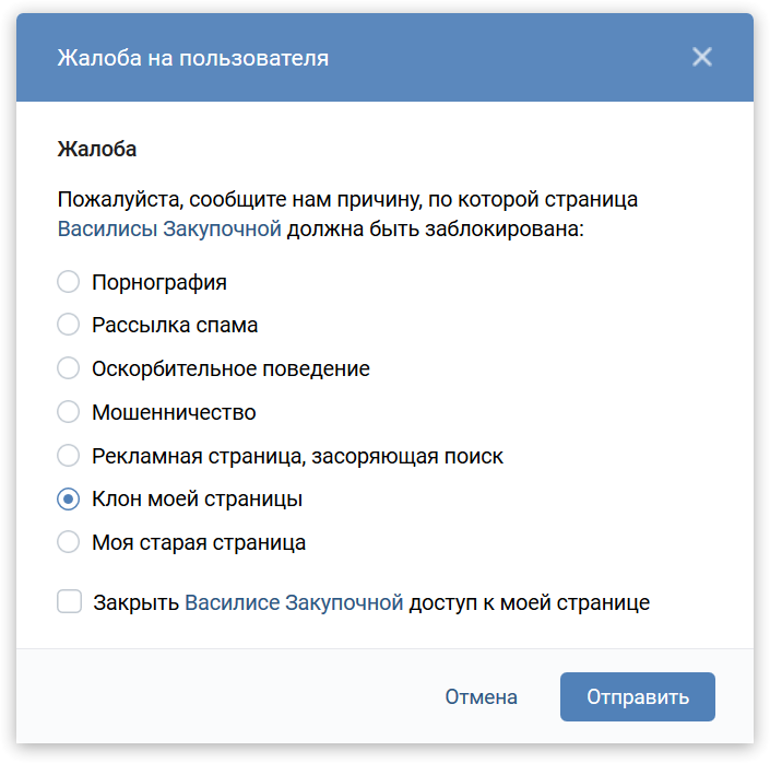 Отправка жалобы на пользователя ВКонтакте: клон моей страницы