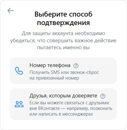 Снимок экрана ВК с доступными способами подтверждения